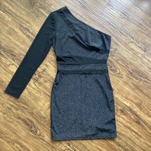 SHEIN One-Shoulder Black Sparkle Mini Dress